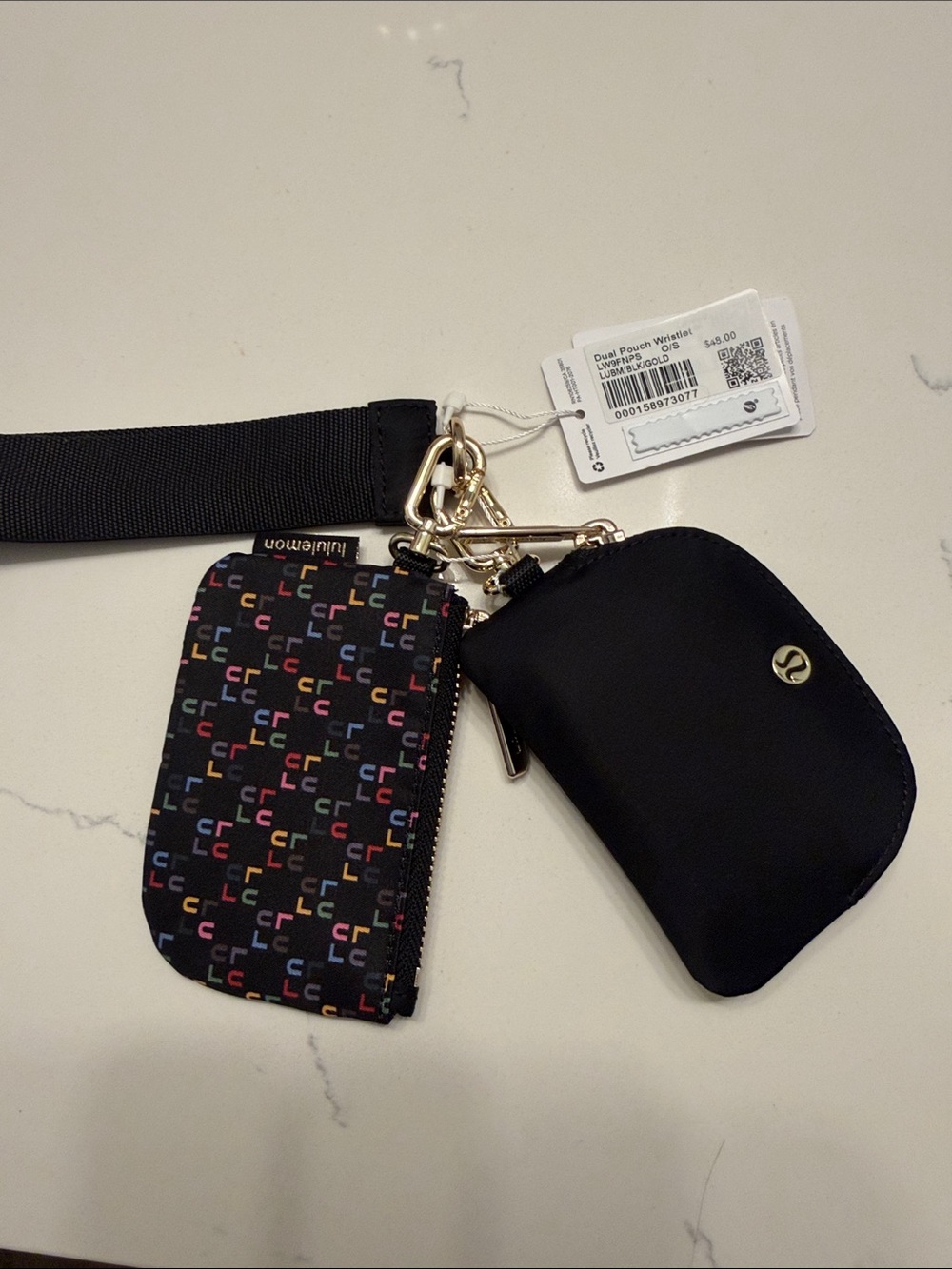lululemon dual pouch wristlet keychain - black with gold hardware